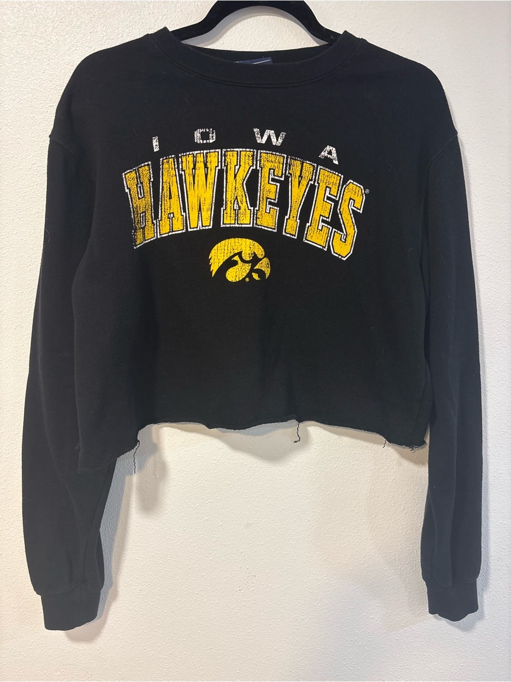 Campus Heritage Black Cropped Iowa Hawkeyes Sweatshirt with Yellow Logo